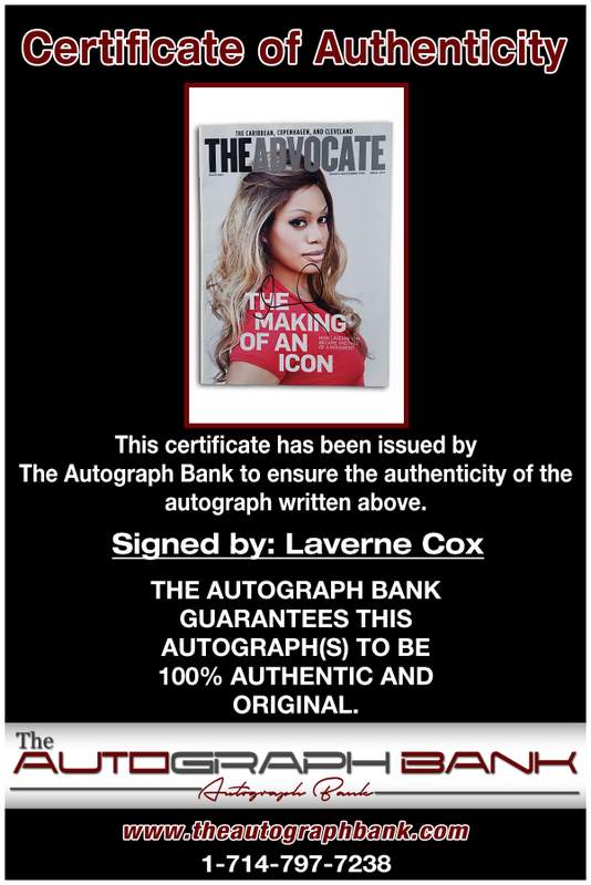 Laverne Cox certificate of authenticity from the autograph bank