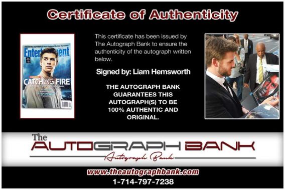Liam Hemsworth certificate of authenticity from the autograph bank