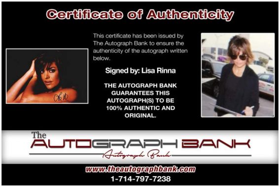 Lisa Rinna certificate of authenticity from the autograph bank