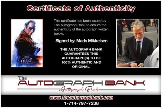 Mads Mikkelsen certificate of authenticity from the autograph bank