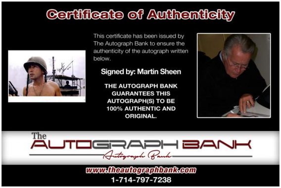 Martin Sheen certificate of authenticity from the autograph bank