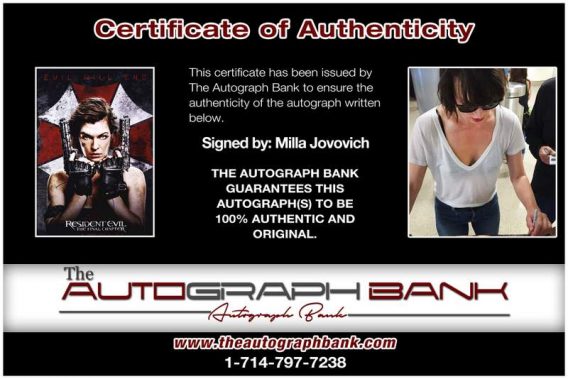 Milla Jovovich certificate of authenticity from the autograph bank