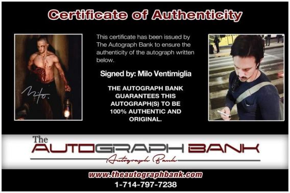 Milo Ventimiglia certificate of authenticity from the autograph bank
