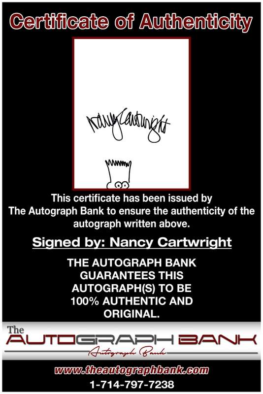 Nancy Cartwright certificate of authenticity from the autograph bank