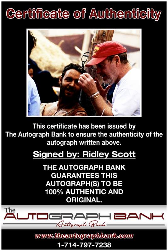 Ridley Scott certificate of authenticity from the autograph bank