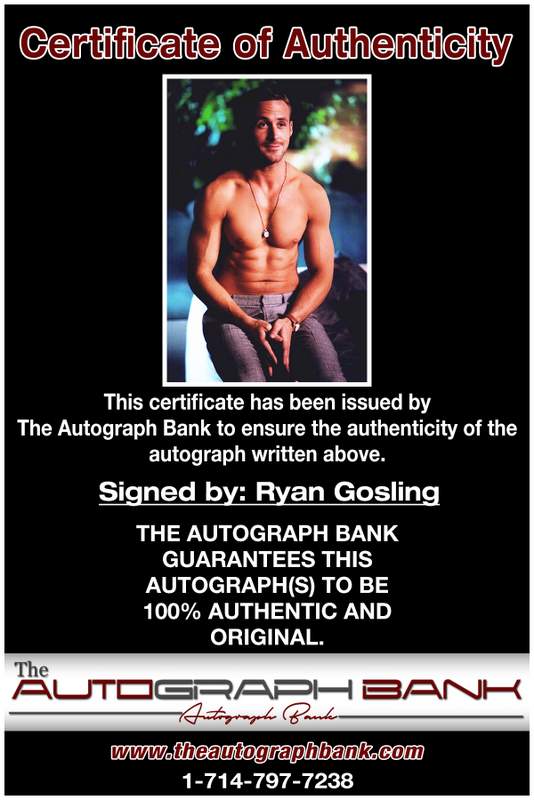 Ryan Gosling certificate of authenticity from the autograph bank