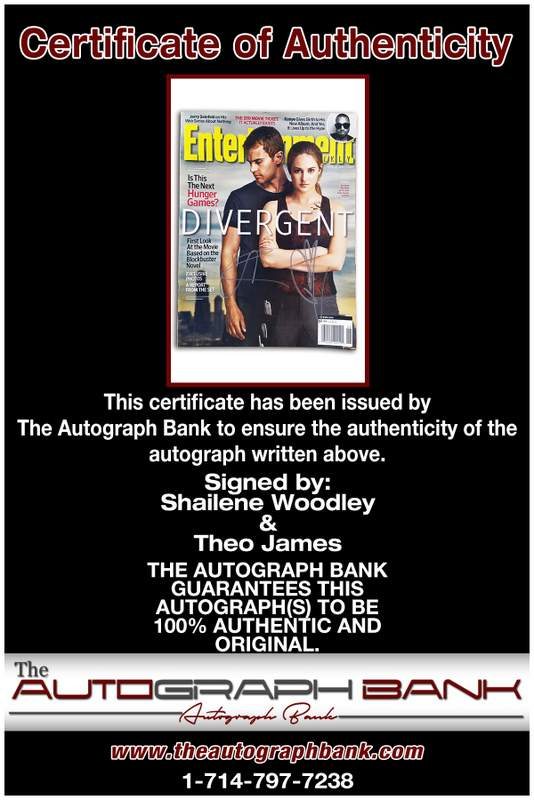 Shailene Woodley & Theo James certificate of authenticity from the autograph bank