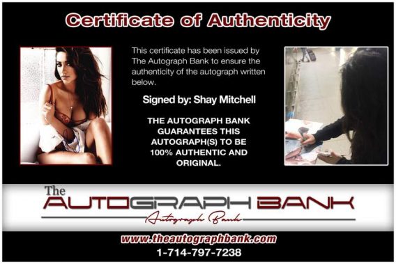 Shay Mitchell certificate of authenticity from the autograph bank
