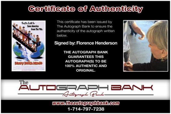 Florence Henderson certificate of authenticity from the autograph bank