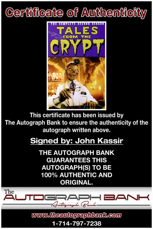 John Kassir certificate of authenticity from the autograph bank