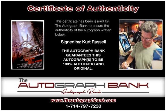 Kurt Russell certificate of authenticity from the autograph bank