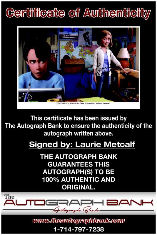 Laurie Metcalf certificate of authenticity from the autograph bank