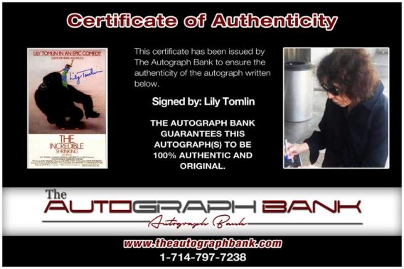 Lily Tomlin certificate of authenticity from the autograph bank