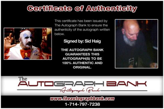 Sid Haig certificate of authenticity from the autograph bank