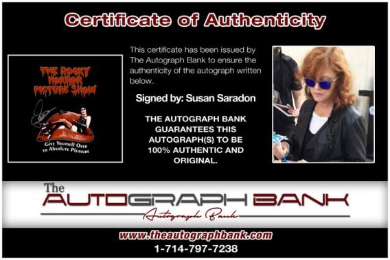 Susan Saradon certificate of authenticity from the autograph bank