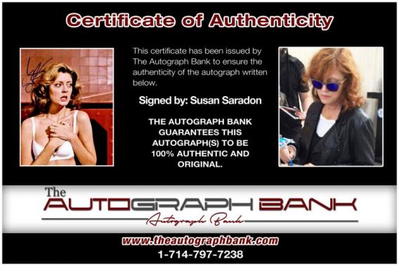 Susan Saradon certificate of authenticity from the autograph bank