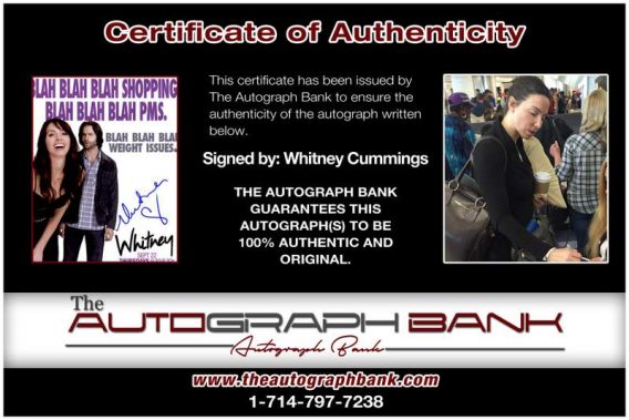 Whitney Cummings certificate of authenticity from the autograph bank