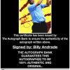 Billy Andrade certificate of authenticity from the autograph bank