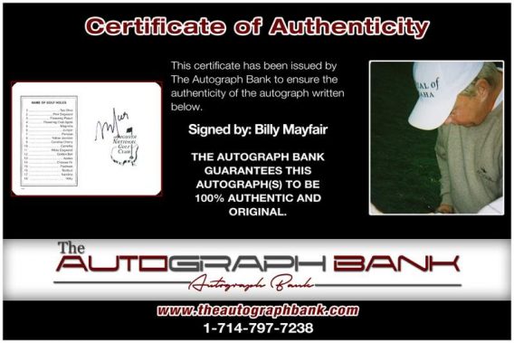 Billy Mayfair certificate of authenticity from the autograph bank