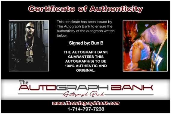 Bun B certificate of authenticity from the autograph bank