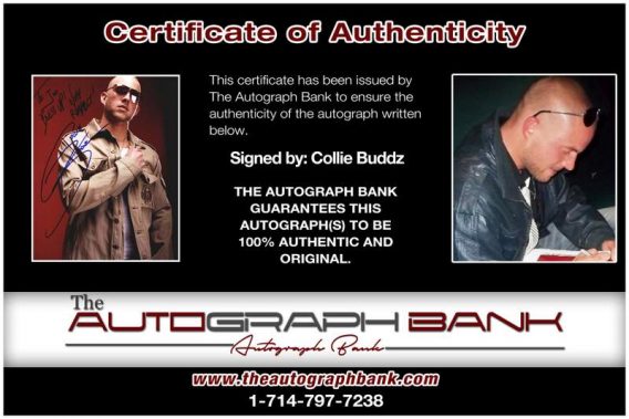 Collie Buddz certificate of authenticity from the autograph bank