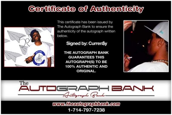 Curren$y certificate of authenticity from the autograph bank