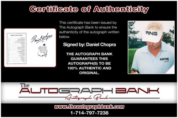 Daniel Chopra certificate of authenticity from the autograph bank