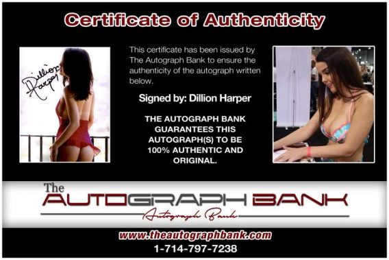 Dillion Harper certificate of authenticity from the autograph bank