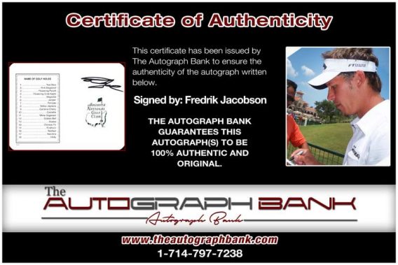 Fredrik Jacobson certificate of authenticity from the autograph bank