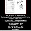 George Mcneill certificate of authenticity from the autograph bank