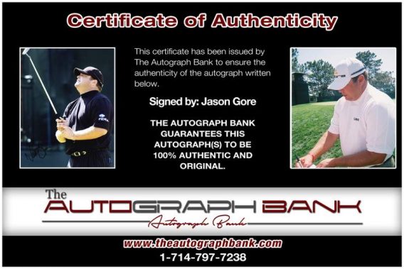 Jason Gore certificate of authenticity from the autograph bank