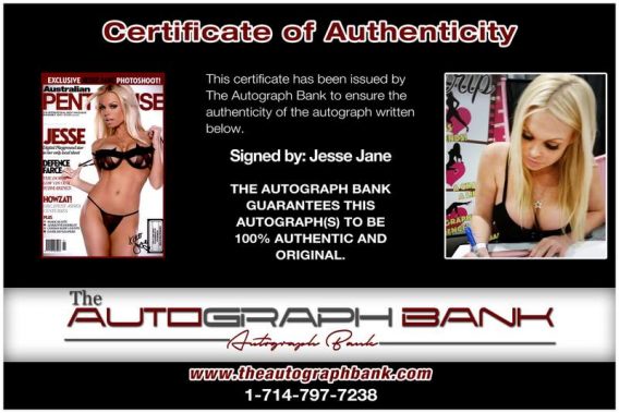 Jesse Jane certificate of authenticity from the autograph bank