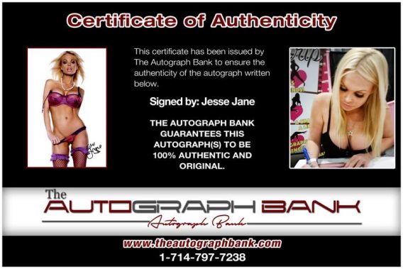 Jesse Jane certificate of authenticity from the autograph bank