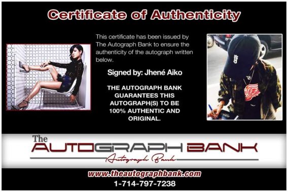 Jhene Aiko certificate of authenticity from the autograph bank