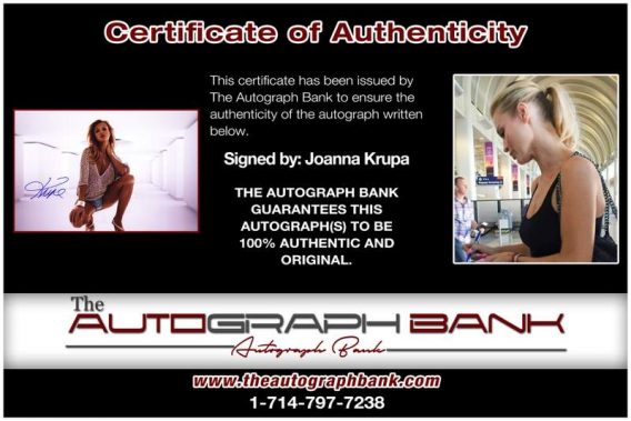Joanna Krupa certificate of authenticity from the autograph bank