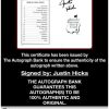 Justin Hicks certificate of authenticity from the autograph bank