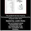 Justin Hicks certificate of authenticity from the autograph bank