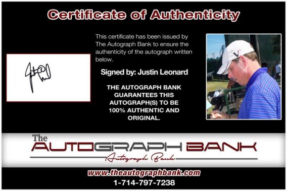 Justin Leonard certificate of authenticity from the autograph bank