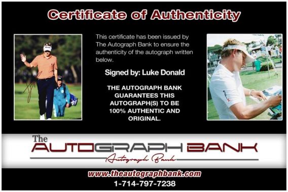 Luke Donald certificate of authenticity from the autograph bank