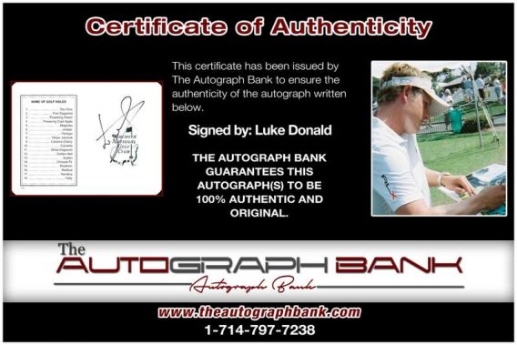 Luke Donald certificate of authenticity from the autograph bank