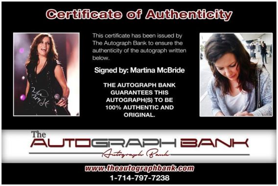 Martina Mcbride certificate of authenticity from the autograph bank