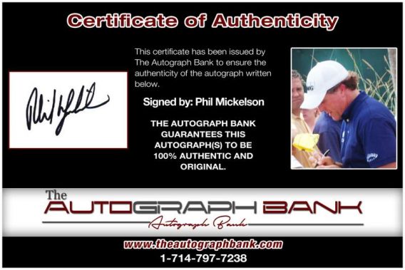 Phil Mickelson certificate of authenticity from the autograph bank