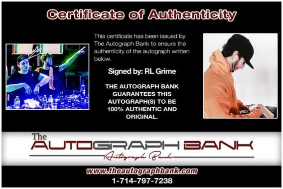 RL Grime certificate of authenticity from the autograph bank