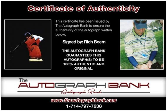 Rich Beem certificate of authenticity from the autograph bank