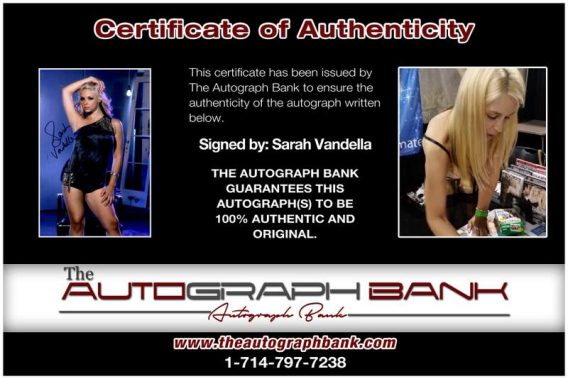 Sarah Vandella certificate of authenticity from the autograph bank