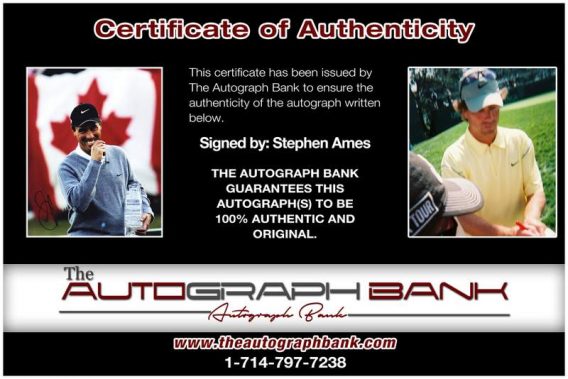 Stephen Ames certificate of authenticity from the autograph bank