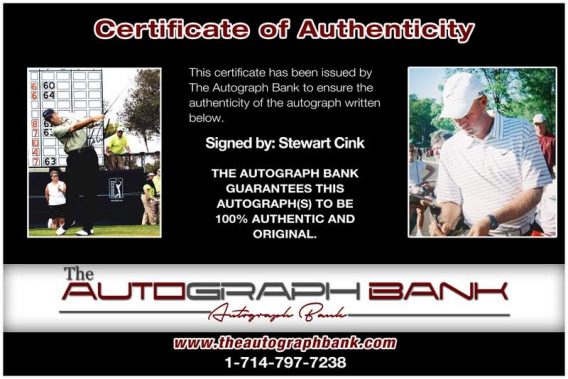 Stewart Cink certificate of authenticity from the autograph bank