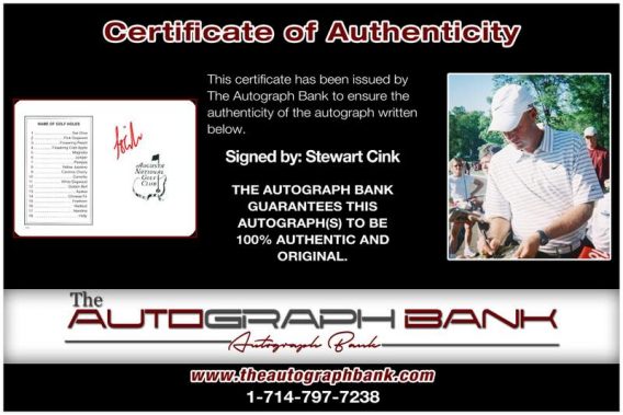 Stewart Cink certificate of authenticity from the autograph bank