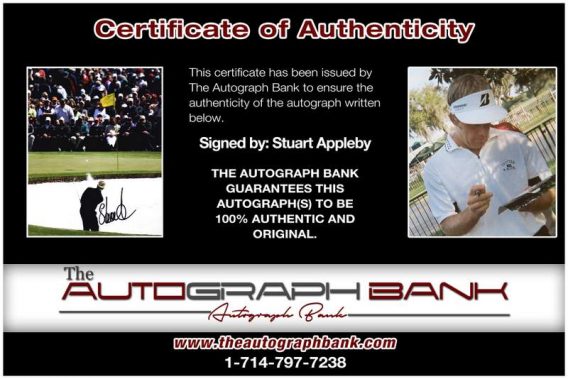 Stuart Appleby certificate of authenticity from the autograph bank