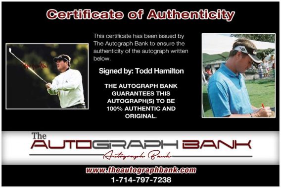 Todd Hamilton certificate of authenticity from the autograph bank